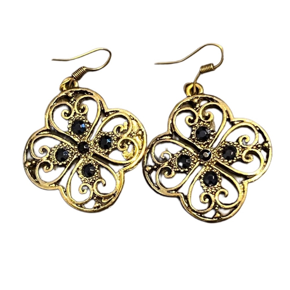 Vintage Brass Filigree hanging dangle earrings with black stones